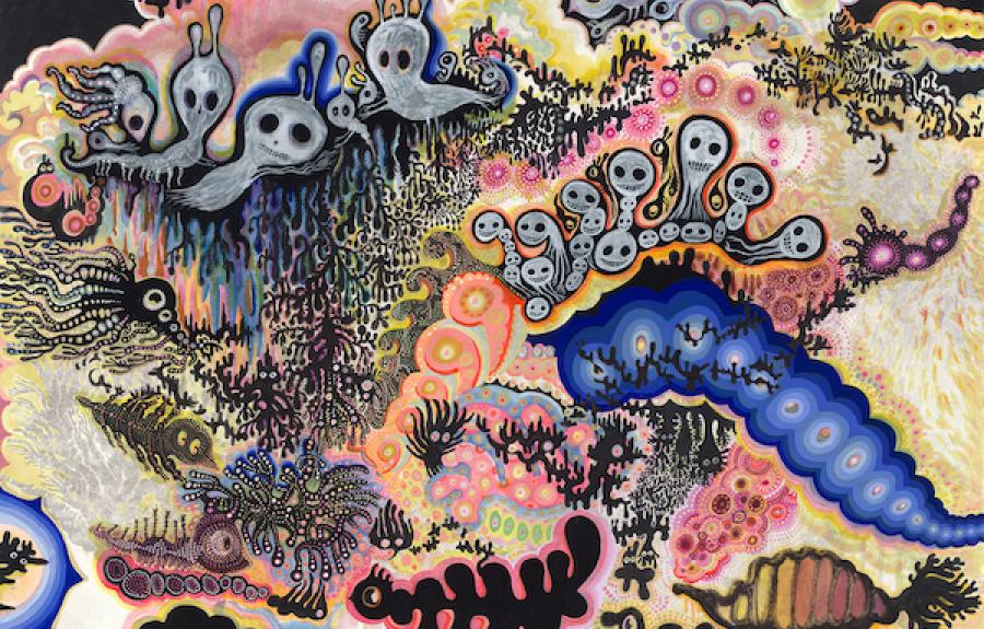 Ghosts and neon shapes floating in space