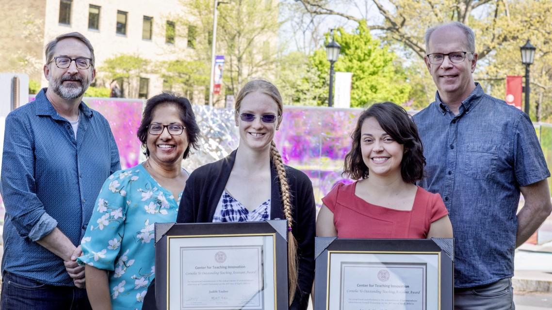 From left, Steven Jackson, vice provost for academic innovation; Derina Samuel, Center for Teaching Innovation (CTI) associate director; Cornelia Ye Outstanding Teaching award winners Judith Tauber and Amanda Domingues; and Rob Vanderlan, CTI executive director.