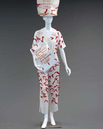 The outfit created and worn by Sylvia Goldstaub to raise awareness about AIDS/HIV.