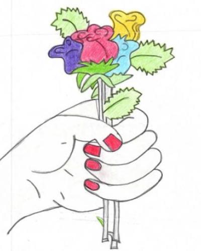 Drawing of hand holding flowers