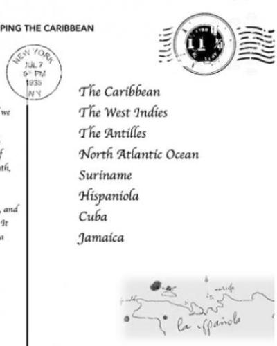 Figure 4. My &quot;from the diaspora&quot; postcard for the Post(card)s from the &quot;en dehors garde&quot; project, which became the landing page image for *Unmapping the Caribbean*.