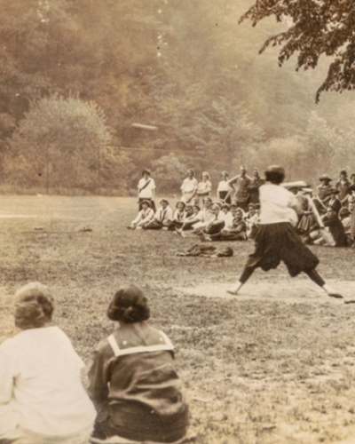 black and white photograph of 1920s cornell women playing baseball